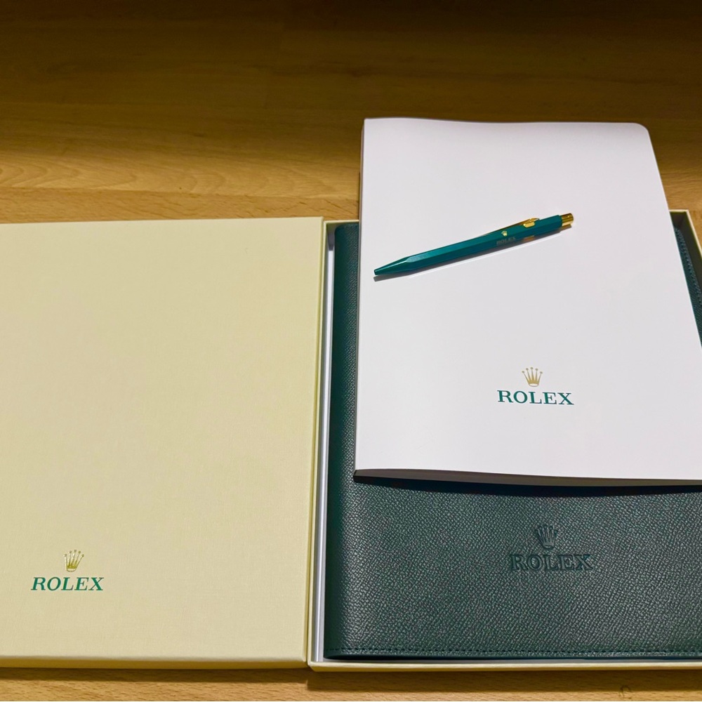 Rolex Green Leather Portfolio Set With Branded Notepad And Pen